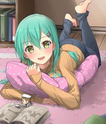 Rule 34 | 10s, 2girls, :d, alternate costume, barefoot, batsubyou, blush, casual, cat, chibi, denim, error musume, feet, feet up, girl holding a cat (kancolle), green eyes, green hair, hair ornament, hairclip, hat, kantai collection, long hair, looking at viewer, lying, manga (object), max melon, md5 mismatch, mini person, minigirl, multiple girls, hugging object, on stomach, open mouth, pants, pillow, pillow hug, resized, resolution mismatch, ribbed sweater, sailor hat, sleeves past wrists, smile, solo, source larger, suzuya (kancolle), sweater, turtleneck