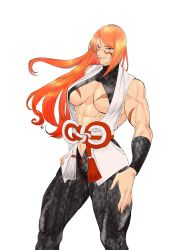 Rule 34 | 1girl, abs, bare arms, bare shoulders, biceps, black pants, body markings, breasts, detached sleeves, dougi, eyebrows, facepaint, fuuma kotarou (tenkaichi), gradient hair, halterneck, highres, japanese clothes, large breasts, long hair, looking at viewer, martial arts belt, multicolored hair, muscular, muscular female, nikawasumi, pants, parted lips, red eyes, red hair, rope, rope belt, smile, tenkaichi nihon saikyou bugeisha ketteisen, thick thighs, thighs, white background