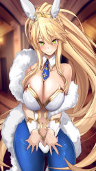 Rule 34 | 1girl, ahoge, animal ears, artoria pendragon (all), artoria pendragon (fate), artoria pendragon (swimsuit ruler) (fate), bare shoulders, blonde hair, blue necktie, blue pantyhose, blush, braid, breasts, cleavage, closed mouth, clothing cutout, detached collar, fake animal ears, fate/grand order, fate (series), feather boa, fishnet pantyhose, fishnets, french braid, gluteal fold, green eyes, hair between eyes, highleg, highleg leotard, highres, large breasts, leotard, long hair, looking at viewer, navel, navel cutout, necktie, pantyhose, playboy bunny, ponytail, rabbit ears, sidelocks, smile, solo, tiara, untue, white leotard, wrist cuffs