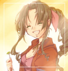 1990s_(style) 1girl aerith_gainsborough bow braid brown_hair choker cropped_jacket female_focus final_fantasy final_fantasy_vii flower hair_ribbon long_hair pink_bow ponytail reirouhisyou retro_artstyle ribbon single_braid solo