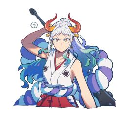 Rule 34 | 1girl, arm up, blue hair, breasts, buntyou tn, cleavage, closed mouth, club (weapon), cropped legs, gradient hair, green hair, hakama, holding, holding weapon, horns, japanese clothes, long hair, looking at viewer, medium breasts, multicolored hair, multicolored horns, one piece, orange eyes, red hakama, simple background, sleeveless, solo, weapon, white background, white hair, yamato (one piece)