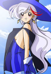 Rule 34 | 1girl, aikawa akane, black cape, blue dress, blue gloves, breasts, brown eyes, cape, cloud, cowboy shot, dress, gloves, hat, long hair, looking at viewer, looking to the side, mahou tsukai tai!, multicolored hair, no bra, outdoors, sideboob, silver hair, smile, solo, standing, streaked hair, tagme, two-tone hair, witch hat