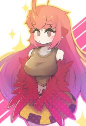 Rule 34 | 1girl, absurdres, ahoge, animal ears, bare shoulders, bird ears, blush, breasts, brown eyes, brown tank top, coco (eogks), collarbone, commentary, eyebrows hidden by hair, eyelashes, feathers, harpy, highres, large breasts, long hair, midriff, monster girl, navel, nn (eogks), original, outline, own hands together, red feathers, red hair, red wings, sidelocks, skirt, sparkle, tank top, thick eyebrows, winged arms, wings