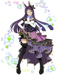 Rule 34 | 1girl, ;), animal ears, black footwear, black ribbon, black shorts, blue scarf, boots, brown eyes, dress, elbow gloves, floating hair, flower, fox ears, full body, gloves, hair ribbon, hand on own hip, head tilt, jewelry, layered dress, log horizon, long hair, looking at viewer, nazuna (log horizon), necklace, official art, one eye closed, purple hair, ribbon, scarf, short shorts, shorts, smile, solo, standing, striped clothes, striped scarf, thigh boots, thighhighs, transparent background, v, very long hair, white flower, white gloves