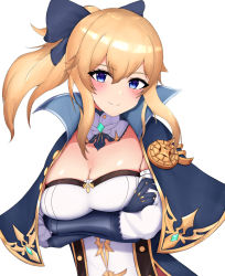 Rule 34 | 1girl, bad id, bad pixiv id, blonde hair, blue bow, blue capelet, blue eyes, blue gloves, blush, bow, breasts, capelet, cleavage, commentary request, detached collar, detached sleeves, genshin impact, gloves, hair bow, head tilt, highres, jean (genshin impact), large breasts, long hair, looking at viewer, partial commentary, shingu tea, shirt, sidelocks, simple background, smile, solo, strapless, strapless shirt, upper body, white background