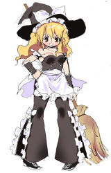 Rule 34 | 1girl, alternate costume, apron, bell-bottoms, blonde hair, breasts, broom, cleavage, cuffs, dei shirou, female focus, full body, grin, hat, highres, kirisame marisa, maid, maid apron, pants, simple background, sketch, smile, solo, touhou, witch hat, yellow eyes