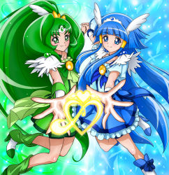 Rule 34 | 10s, 2girls, aoki reika, bike shorts, blue background, blue dress, blue eyes, blue hair, blue skirt, boots, bow, bowtie, brooch, chocokin, choker, cure beauty, cure march, dress, full body, green background, green dress, green eyes, green hair, green shorts, green skirt, hair tubes, holding hands, highres, jewelry, knee boots, long hair, magical girl, midorikawa nao, multiple girls, ponytail, precure, shoes, shorts, shorts under skirt, sidelocks, skirt, smile, smile precure!, tiara, tri tails, wrist cuffs