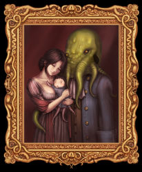Rule 34 | 1girl, baby, bad id, bad pixiv id, breasts, burunuu (bullnukko), couple, cthulhu, cthulhu mythos, domo, family, framed, good end, hetero, highres, hug, husband and wife, if they mated, monster, no nose, painting (object), parody, picture frame, pride and prejudice, revision, skull, tentacles