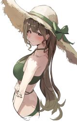 Rule 34 | 1girl, absurdres, alternate hairstyle, bikini, blush, breasts, brown hair, cleavage, cropped legs, green bikini, hat, highres, holding own arm, idolmaster, idolmaster shiny colors, kuwayama chiyuki, large breasts, looking at viewer, looking to the side, see-through, see-through cleavage, simple background, solo, straw hat, swimsuit, uouokuma, white background