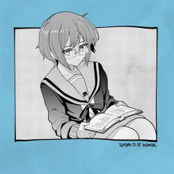 Rule 34 | 1girl, book, cardigan, collarbone, dated, glasses, greyscale, highres, holding, holding book, kita high school uniform, kyougetsu (junrai), long sleeves, looking at viewer, monochrome, nagato yuki, open book, open cardigan, open clothes, reading, ribbon, sailor collar, school uniform, serafuku, short hair, skirt, solo, suzumiya haruhi no yuuutsu, winter uniform