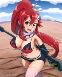 Rule 34 | 1girl, bare shoulders, bikini, blush, breasts, canadiananiguy, cloud, day, desert, eyebrows hidden by hair, eyes visible through hair, gun, hair between eyes, hair ornament, hair stick, high ponytail, highres, holding, holding gun, holding weapon, large breasts, long hair, looking at viewer, midriff, naughty face, navel, open mouth, outdoors, pink thighhighs, ponytail, red hair, rifle, round teeth, scarf, shorts, sidelocks, sky, smile, solo, standing, striped clothes, striped scarf, swimsuit, teeth, tengen toppa gurren lagann, thighhighs, upper teeth only, very long hair, weapon, yoko littner