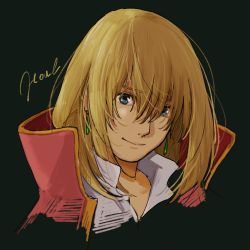 Rule 34 | 1boy, blonde hair, blue eyes, character name, closed mouth, earrings, green background, high collar, highres, howl (howl no ugoku shiro), howl no ugoku shiro, jewelry, long hair, looking at viewer, male focus, portrait, sako (35s 00), simple background, smile, solo