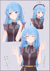 Rule 34 | 1girl, absurdres, belt, beret, black dress, blue eyes, blue hair, chamomile (kazumasa), closed eyes, collar, dress, earrings, hair ornament, hairclip, hands up, hat, highres, hololive, hoshimachi suisei, jewelry, long hair, see-through, solo, upper body, virtual youtuber, yellow belt