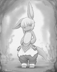 Rule 34 | 1other, animal ears, barefoot, bob cut, full body, furry, greyscale, head tilt, highres, horizontal pupils, inverted bob, kionant, looking at viewer, made in abyss, medium hair, monochrome, nanachi (made in abyss), parted lips, puffy pants, rabbit ears, signature, smile, solo, standing, tail, topless, whiskers
