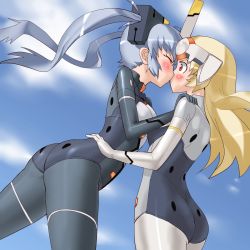 Rule 34 | 10s, 2girls, android, arnval, blue hair, blue sky, bodysuit, busou shinki, cloud, day, closed eyes, hair ornament, hand on shoulder, highres, kiss, koyopi, long hair, multiple girls, otomedius, otomedius excellent, red eyes, sky, strarf, surprised, twintails, yuri