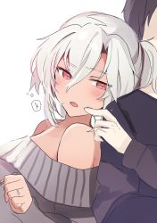 Rule 34 | 1boy, 1girl, alternate costume, black hair, blush, breasts, cheek poking, commentary request, dark-skinned female, dark skin, faceless, faceless male, hair between eyes, highres, jewelry, kantai collection, long hair, long sleeves, medium breasts, musashi (kancolle), musashi kai ni (kancolle), off shoulder, open mouth, poking, red eyes, ring, simple background, sweater, upper body, white background, white hair, yunamaro