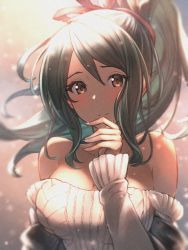 Rule 34 | 1girl, bare shoulders, blush, breasts, cleavage, collarbone, commentary, granblue fantasy, green hair, hand up, herja, highres, large breasts, long sleeves, looking at viewer, off-shoulder sweater, off shoulder, sassakntm, sidelocks, solo, sweater, upper body, white sweater, yellow eyes