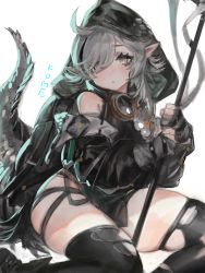 1girl, ahoge, arknights, black legwear, black shirt, crocodilian tail, feet out of frame, frischenq, goggles, goggles around neck, grey hair, holding, holding staff, hood, hood up, looking at viewer, pointy ears, shirt, short hair, sitting, skindentation, solo, staff, thighhighs, thighs, tomimi (arknights), torn clothes, torn legwear, white background, yellow eyes, yokozuwari