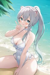 Rule 34 | 1girl, :q, animal ear fluff, animal ears, aone ioru, beach, blue eyes, blush, breasts, casual one-piece swimsuit, cleavage, commentary request, commission, covered navel, halterneck, highres, indie virtual youtuber, long hair, looking at viewer, medium breasts, ocean, one-piece swimsuit, ponytail, ragi (diabolik angle), sitting, skeb commission, solo, swimsuit, tongue, tongue out, tree, v, very long hair, virtual youtuber, water, white hair, white one-piece swimsuit