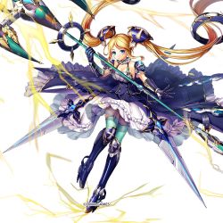 Rule 34 | 1girl, blonde hair, blue eyes, blue thighhighs, breasts, cleavage, collar, commentary request, copyright name, detached collar, dress, elbow gloves, electricity, frills, full body, gloves, hair ornament, holding, kamihime project, long hair, looking at viewer, medium breasts, official art, simple background, sleeveless, solo, staff, sword, thighhighs, twintails, very long hair, weapon, white background, zettai ryouiki