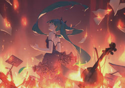 Rule 34 | 1girl, absurdres, alternate costume, arm strap, bare shoulders, black bow, black dress, black flower, black rose, blue hair, bow, bow (music), breasts, burning, cello, commentary request, dress, drum, drum set, closed eyes, feet out of frame, fire, flower, from side, hair bow, hatsune miku, highres, instrument, long hair, music stand, open mouth, paper, profile, rose, sleeveless, sleeveless dress, small breasts, solo, standing, toorara, twintails, very long hair, vocaloid