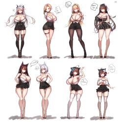 Rule 34 | !, 6+girls, ahoge, akagi (azur lane), animal ears, areola slip, azur lane, black hair, black panties, black skirt, blonde hair, blue eyes, blush, breasts, choker, cleavage, collarbone, commentary request, crossed arms, crossed legs, curvy, floating hair, flower, full body, fusou (azur lane), garter straps, geonjeonji, hair between eyes, hair flower, hair ornament, hair ribbon, hairband, hands on own hips, heart, hiei (azur lane), highres, hood (azur lane), huge breasts, kaga (azur lane), korean commentary, korean text, lifting own clothes, long hair, looking at viewer, multiple girls, north carolina (azur lane), panties, pantyhose, parted lips, pencil skirt, pleated skirt, prinz eugen (azur lane), red eyes, ribbon, simple background, skirt, smile, speech bubble, spoken exclamation mark, standing, tagme, thigh strap, thighhighs, tongue, tongue out, translation request, twintails, underwear, white background, white hair, white legwear, wide hips, yamashiro (azur lane)