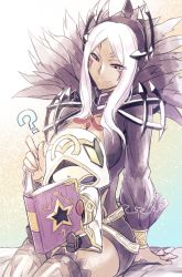 Rule 34 | 1girl, 1other, ?, aversa (fire emblem), book, closed mouth, dark skin, facial mark, feathers, fire emblem, fire emblem awakening, fire emblem heroes, highres, holding, holding book, hood, hood up, kiran (fire emblem), long hair, long sleeves, nakabayashi zun, nintendo, open book, red eyes, robe, silver hair, sitting, sitting on lap, sitting on person, smile