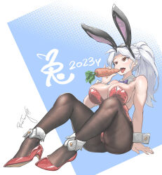 Rule 34 | 1girl, 2023, animal ears, anklet, black hairband, black pantyhose, bosstseng, bow, bowtie, breasts, brown eyes, carrot, chinese zodiac, commentary request, detached collar, drooling, fake animal ears, full body, hairband, halftone, halftone background, high heels, highres, jewelry, large breasts, leotard, new year, open mouth, original, pantyhose, playboy bunny, ponytail, purple bow, purple bowtie, rabbit ears, red leotard, saliva, sexually suggestive, signature, sitting, solo, tongue, traditional bowtie, white hair, wrist cuffs, year of the rabbit