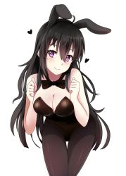 Rule 34 | 1girl, animal ears, bad id, bad pixiv id, bare shoulders, beifeng han, black hair, blush, bow, bowtie, breasts, cleavage, fake animal ears, heart, large breasts, leaning forward, long hair, looking at viewer, miyaura sanshio, original, pantyhose, playboy bunny, purple eyes, rabbit ears, simple background, smile, solo, white background
