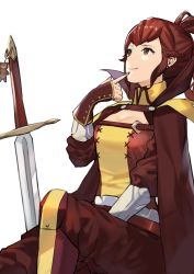 Rule 34 | 1girl, anna (fire emblem), boots, breasts, brown cape, brown eyes, brown hair, brown pants, cape, cleavage, cleavage cutout, closed mouth, clothing cutout, feet out of frame, finger to mouth, fingerless gloves, fire emblem, fire emblem awakening, gloves, highres, j@ck, knee boots, long hair, looking away, looking up, medium breasts, nintendo, pants, planted, planted sword, planted weapon, ponytail, purple footwear, sidelocks, simple background, sitting, smile, solo, sword, weapon, white background, wrist guards