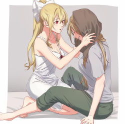 Rule 34 | 2girls, bare arms, blonde hair, border, bow, breasts, brown hair, cleavage, closed eyes, collarbone, commentary request, couple, dress, from side, full body, granblue fantasy, green pants, grey background, grey shirt, grin, hair bow, high ponytail, highres, katalina (granblue fantasy), kneeling, long hair, looking at another, medium breasts, miso-ha (ukyuu), multiple girls, open mouth, pants, red eyes, red ribbon, ribbon, shirt, short dress, sitting, sketch, sleeveless, sleeveless dress, smile, straight hair, t-shirt, towel, towel on head, very long hair, vira (granblue fantasy), white border, white bow, white dress, yuri