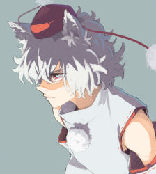 Rule 34 | 1girl, animal ear fluff, animal ears, commentary request, detached sleeves, hat, inubashiri momiji, pom pom (clothes), red eyes, red hat, shiratama (hockey), shirt, short hair, simple background, solo, tokin hat, touhou, upper body, white hair, white shirt, wolf ears