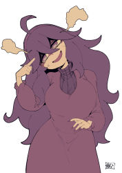 Rule 34 | 1girl, @ @, ahoge, breasts, chichibu (watson), commentary request, creatures (company), curly hair, dress, game freak, hair between eyes, hairband, hand up, head tilt, hex maniac (pokemon), highres, long hair, nintendo, open mouth, pokemon, pokemon xy, purple dress, purple eyes, purple hair, purple hairband, signature, smile, solo, sweat, white background