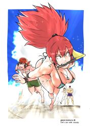 Rule 34 | 2boys, 2girls, beach, bikini, biting, breasts, clark still, cleavage, cloud, cloudy sky, dog tags, earrings, jewelry, large breasts, leona heidern, multiple boys, multiple girls, ponytail, ralf jones, red hair, sarong, sky, snk, swimsuit, the king of fighters, whip (kof)
