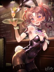 Rule 34 | 1girl, absurdres, animal ears, armband, armpits, bar (place), bare shoulders, black bow, black bowtie, black leotard, blush, bottle, bow, bowtie, breasts, brown hair, cocktail, collar, contrapposto, covered navel, cowboy shot, detached collar, dot nose, drinking straw, english text, fake animal ears, fake tail, female focus, fishnets, gekota, hair bow, hands up, highres, holding, holding sign, holding tray, indoors, leotard, light, long hair, looking at viewer, open mouth, parted bangs, playboy bunny, rabbit ears, rabbit tail, red bow, red eyes, shelf, shirai kuroko, sign, signature, small breasts, smile, solo, tail, teeth, thigh strap, toaru kagaku no railgun, toaru majutsu no index, tray, twintails, upper teeth only, wavy hair, white collar, wine bottle, wooden wall, wrist cuffs, yonabe