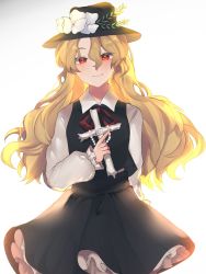 Rule 34 | 1girl, backlighting, black hat, black skirt, black vest, blonde hair, blush, breasts, closed mouth, commentary request, cross, eyebrows hidden by hair, flower, flower request, frills, grey background, hair between eyes, hat, hat flower, highres, holding, holding cross, jacket girl (dipp), latin cross, light smile, long hair, long sleeves, looking at viewer, majime joe, petticoat, puffy sleeves, red eyes, red neckwear, red ribbon, ribbon, simple background, skirt, small breasts, solo, touhou, very long hair, vest, wavy hair, white flower, wing collar