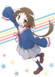 Rule 34 | 1girl, :d, asameshi, blue socks, blush, blush stickers, bow, brown eyes, brown footwear, brown hair, grey skirt, hair bow, long hair, looking at viewer, mikakunin de shinkoukei, mitsumine mashiro, open mouth, outstretched arms, pleated skirt, ponytail, sailor collar, school uniform, skirt, sleeves past fingers, sleeves past wrists, smile, socks, solo, standing, white bow, white sailor collar