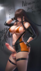 Rule 34 | 1girl, absurdres, ass, bare shoulders, belt, bikini, bikini top only, black choker, black gloves, black nails, bodysuit, brawler (dungeon and fighter), breasts, brown eyes, brown hair, censored, center opening, choker, covered erect nipples, dungeon and fighter, english text, erection, fighter (dungeon and fighter), fingerless gloves, flute (artist), futanari, gloves, graffiti, hand on own hip, hand on own head, highres, large breasts, large penis, lips, long hair, looking at viewer, loose belt, mosaic censoring, nail polish, navel, orange bikini, penis, sidelocks, solo, swimsuit, testicles, thigh strap, veins, veiny penis
