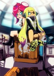Rule 34 | 2girls, agent 3 (splatoon), arm support, armor, back-to-back, bike shorts, blonde hair, blue eyes, boots, box, commentary, dark-skinned female, dark skin, headgear, highres, inkling, inkling girl, inkling player character, long hair, looking at another, looking back, midriff, mineta naoki, multiple girls, nintendo, on box, one eye closed, open mouth, red hair, shoes, short hair, sitting, sitting on box, smile, sneakers, splatoon (series), splatoon 1, squidbeak splatoon, takozonesu, tentacle hair, vest