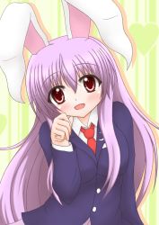 Rule 34 | 1girl, animal ears, arm up, bad id, bad pixiv id, blazer, buttons, crescent, dress shirt, female focus, green background, heart, jacket, lapel pin, light particles, long hair, long sleeves, looking at viewer, necktie, open mouth, outline, pin, purple hair, rabbit ears, red eyes, red necktie, reisen udongein inaba, shirt, sia masiro, sidelocks, solo, striped, striped background, suit jacket, touhou, very long hair