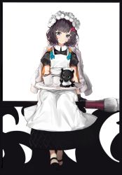 Rule 34 | 1girl, alternate costume, animal, apron, black border, black dress, black footwear, black gloves, blue eyes, border, calligraphy brush, closed mouth, cup, dress, enmaided, fate/grand order, fate (series), flower, gloves, grey jacket, hair flower, hair ornament, heroic spirit chaldea park outfit, highres, jacket, jacket on shoulders, katsushika hokusai (fate), katsushika hokusai (festival outfit) (fate), maid, maid headdress, md5 mismatch, octopus, official alternate costume, open clothes, open jacket, oversized object, paintbrush, puffy short sleeves, puffy sleeves, purple hair, resolution mismatch, short hair, short sleeves, silver (chenwen), simple background, sitting, smile, source larger, swept bangs, tokitarou (fate), tray, white background