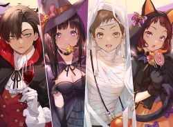 Rule 34 | 2boys, 2girls, :d, :o, alcohol, animal, bandaged head, bandages, bat (animal), black gloves, black hair, bow, breasts, brown eyes, brown hair, candy, cape, chitanda eru, cleavage, closed eyes, commentary request, cup, dress, elbow gloves, food, fukube satoshi, glass, gloves, green eyes, hair over one eye, halloween, halloween bucket, halloween costume, hat, holding, holding candy, holding cup, holding food, hood, hyouka, ibara mayaka, long hair, long sleeves, looking at viewer, mery (yangmalgage), multiple boys, multiple girls, mummy, mummy costume, open mouth, oreki houtarou, purple eyes, red eyes, short hair, smile, star (symbol), tail, vampire, vampire costume, waistcoat, white gloves, wine, witch