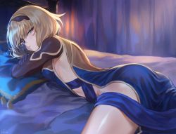Rule 34 | 1girl, ass, black gloves, blonde hair, blue dress, blue eyes, blush, breasts, closed mouth, curtains, dress, elbow gloves, gloves, hairband, half mask, highres, looking at viewer, lying, mashuu (neko no oyashiro), mask, on bed, on stomach, original, pillow, short hair, small breasts, solo, thighs