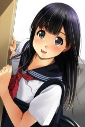 Rule 34 | 1girl, :d, ascot, bag, black eyes, black hair, black sailor collar, blush, commentary request, highres, leaning to the side, long hair, looking at viewer, matsunaga kouyou, nose blush, open mouth, original, red ascot, sailor collar, school bag, school uniform, serafuku, shirt, short sleeves, smile, solo, teeth, upper teeth only, white shirt