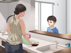 Rule 34 | 1girl, age difference, bare arms, black hair, brown eyes, hair bun, highres, indoors, kitchen, long hair, looking at another, mature female, mother and son, okaa-san love, open mouth, original, red eyes, short hair, single hair bun, sink, size difference, skirt, sleeveless, smile, standing, stove, tsubooi