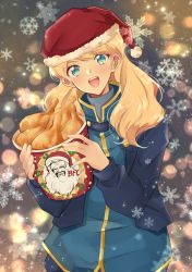 Rule 34 | :d, blonde hair, blue eyes, blue jacket, blue shirt, blurry, blush, bokeh, brand name imitation, bucket of chicken, chicken (food), christmas, commentary request, contrapposto, cowboy shot, depth of field, food, fried chicken, gundam, gundam narrative, hat, hato-as, head tilt, high collar, holding, holding food, jacket, kfc, long hair, long sleeves, looking at viewer, night, open clothes, open jacket, open mouth, outdoors, rita bernal, santa hat, shirt, smile, snowflakes, snowing, solo, swept bangs, teeth, tunic, upper teeth only
