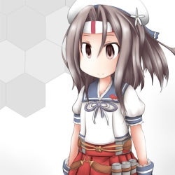 Rule 34 | 1girl, blue sailor collar, breast conscious, brown eyes, commentary request, cosplay, employee uniform, flower, gloves, grey hair, hachimaki, hair flower, hair ornament, headband, high ponytail, honeycomb (pattern), honeycomb background, kantai collection, long hair, ouno (nounai disintegration), pleated skirt, ponytail, puffy short sleeves, puffy sleeves, red skirt, sailor collar, sailor shirt, shirt, short sleeves, skirt, solo, uniform, white background, white gloves, yashiro (kancolle), yashiro (kancolle) (cosplay), zuihou (kancolle)