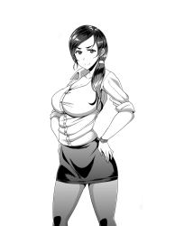 Rule 34 | 1girl, breasts, cleavage, greyscale, hands on own hips, highres, large breasts, long hair, looking at viewer, mature female, monochrome, office lady, pantyhose, satsuki imonet, shirt, skirt, smile, solo, standing