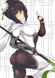 Rule 34 | 1girl, absurdres, arm guards, ass, black gloves, black hair, blush, bodysuit, breasts, brown bodysuit, bun cover, cape, closed mouth, double bun, elbow gloves, fate/grand order, fate (series), fingerless gloves, gloves, green eyes, green ribbon, hair between eyes, hair bun, hair ribbon, highres, large breasts, long hair, looking at viewer, nanakaku, polearm, qin liangyu (fate), ribbon, sidelocks, skin tight, smile, spear, thighs, v, weapon, white bodysuit, white cape