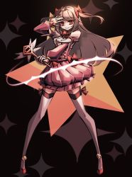 Rule 34 | 1girl, arm up, black background, bow, bowtie, brown hair, closed mouth, commentary, corset, dress shirt, floating hair, full body, hair bow, high heels, holding, holding wand, layered sleeves, leg ribbon, legs apart, light trail, long hair, long sleeves, magical girl, makaroll, miniskirt, official alternate costume, original, outstretched arm, palms, phantom rose, pink skirt, pleated skirt, puffy sleeves, red bow, red bowtie, red eyes, red footwear, reina (phantom rose), ribbon, salute, shirt, shirt tucked in, sidelocks, skirt, smile, solo, sparkle, sparkle background, star (symbol), swept bangs, thighhighs, two side up, underbust, very long hair, wand, white shirt, white thighhighs, zettai ryouiki, ||/